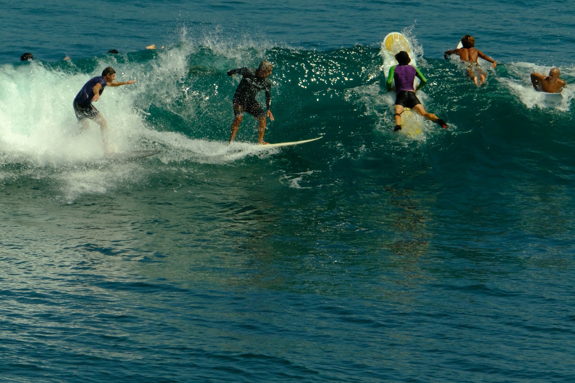 Crowded lineup at Uluwatu, Bali's most famous wave. Photo: David Gor